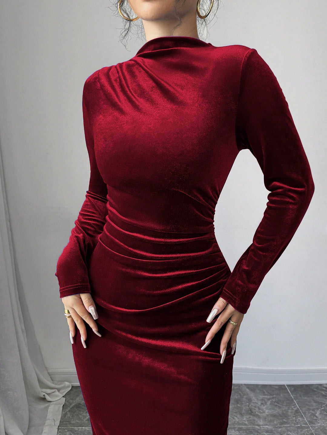 Maroon Full Sleeve Mock Neck Fitted Dress