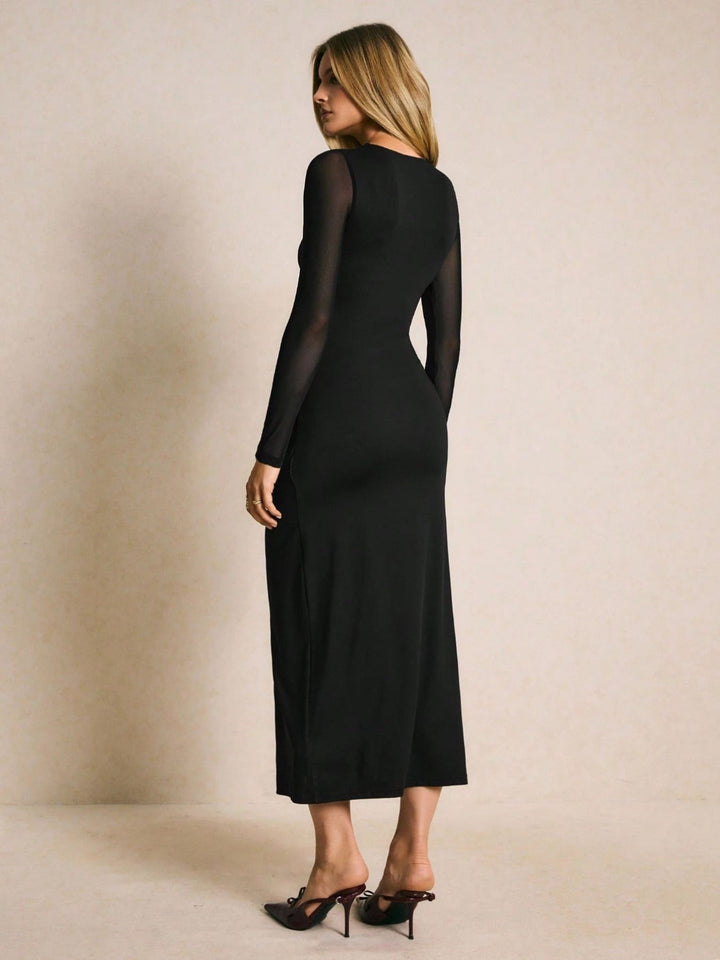 Black High Neck Fitted Dress With Buckle Trim Detail