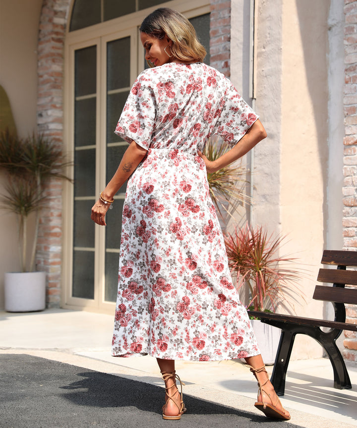 White Short Sleeve Waist Fitted Printed Slit Dress
