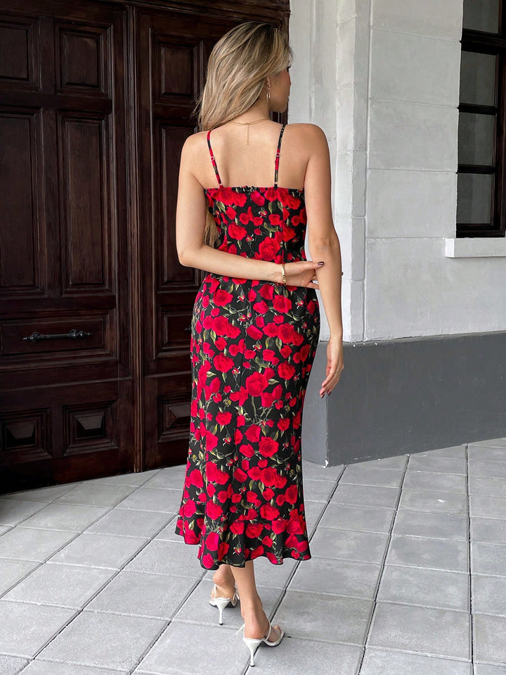 Red Spaghetti Strap Printed Dress