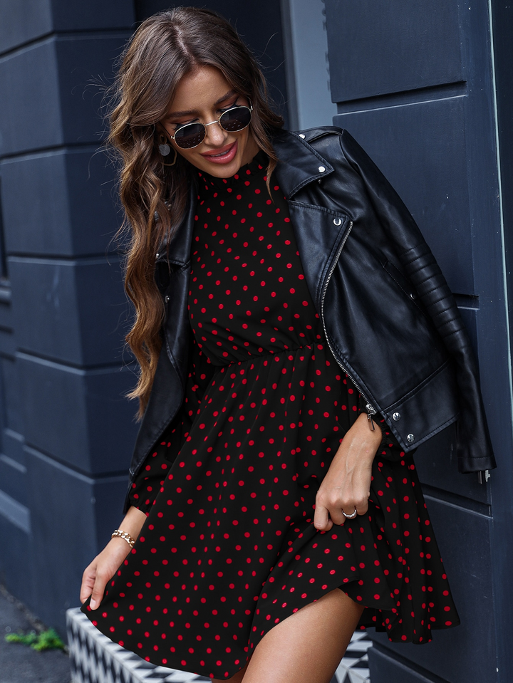 Black Printed Mock Neck Waist Fitted Dress