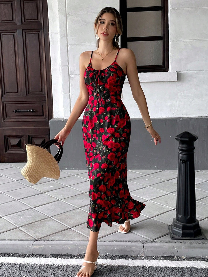 Red Spaghetti Strap Printed Dress