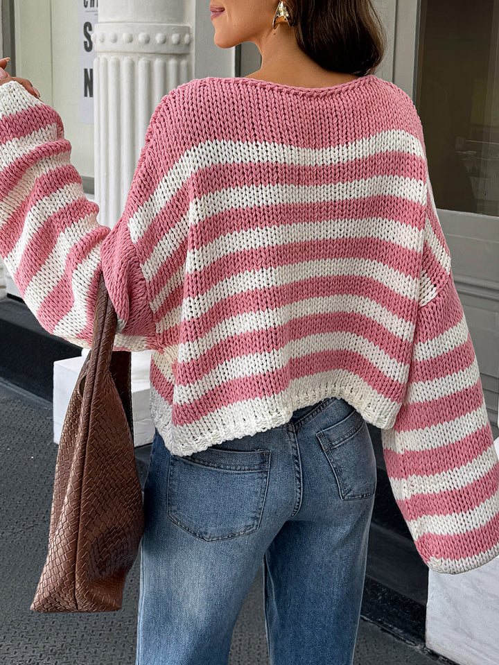 Pink Full Sleeve Striped One Shoulder Sweater