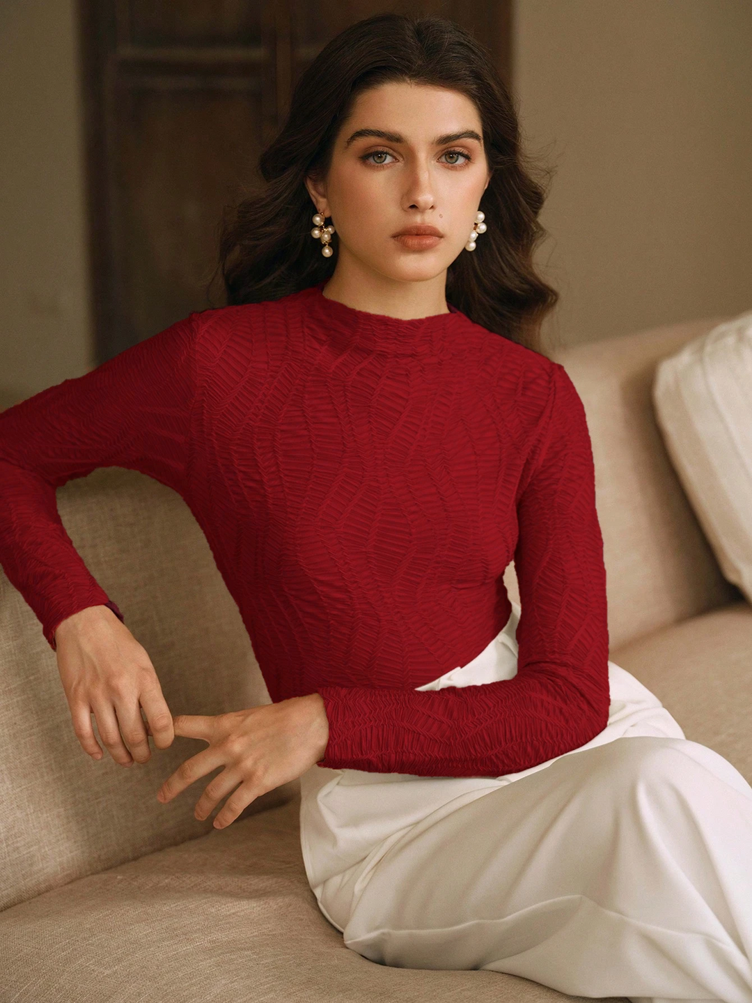 Red High Neck Fitted Top