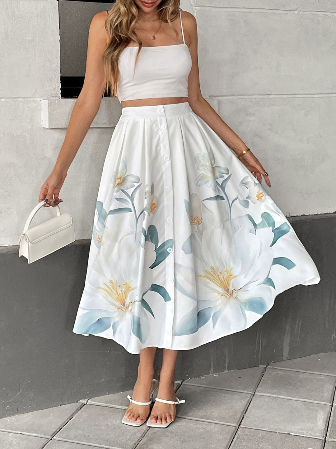 White High Waist Printed Flared Skirt