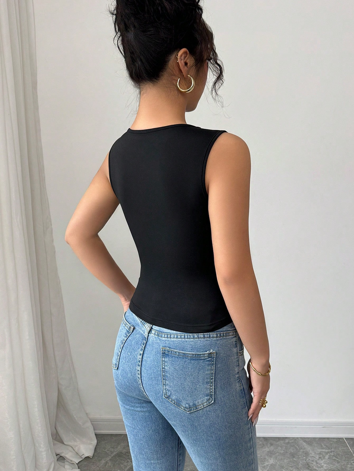 Black Neck Cut-Out Floral Embellished Top