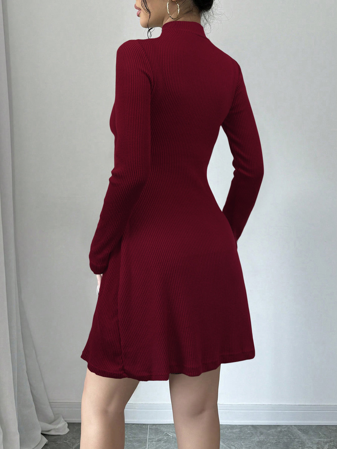 Red Full Sleeve High Neck Floral Applique Detail Dress