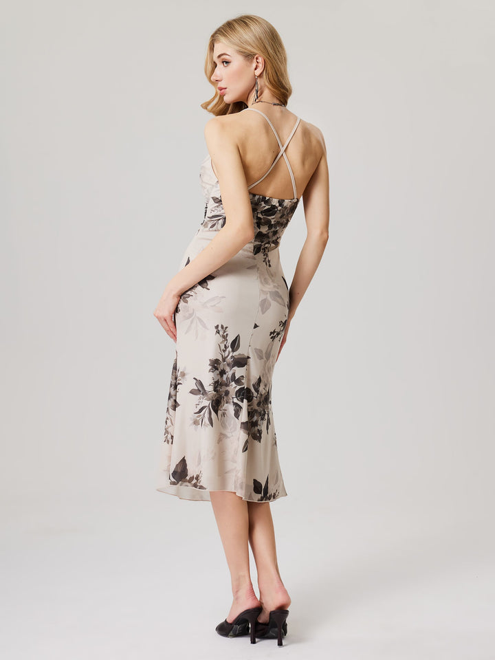 Beige Cross Back Strap Printed Dress