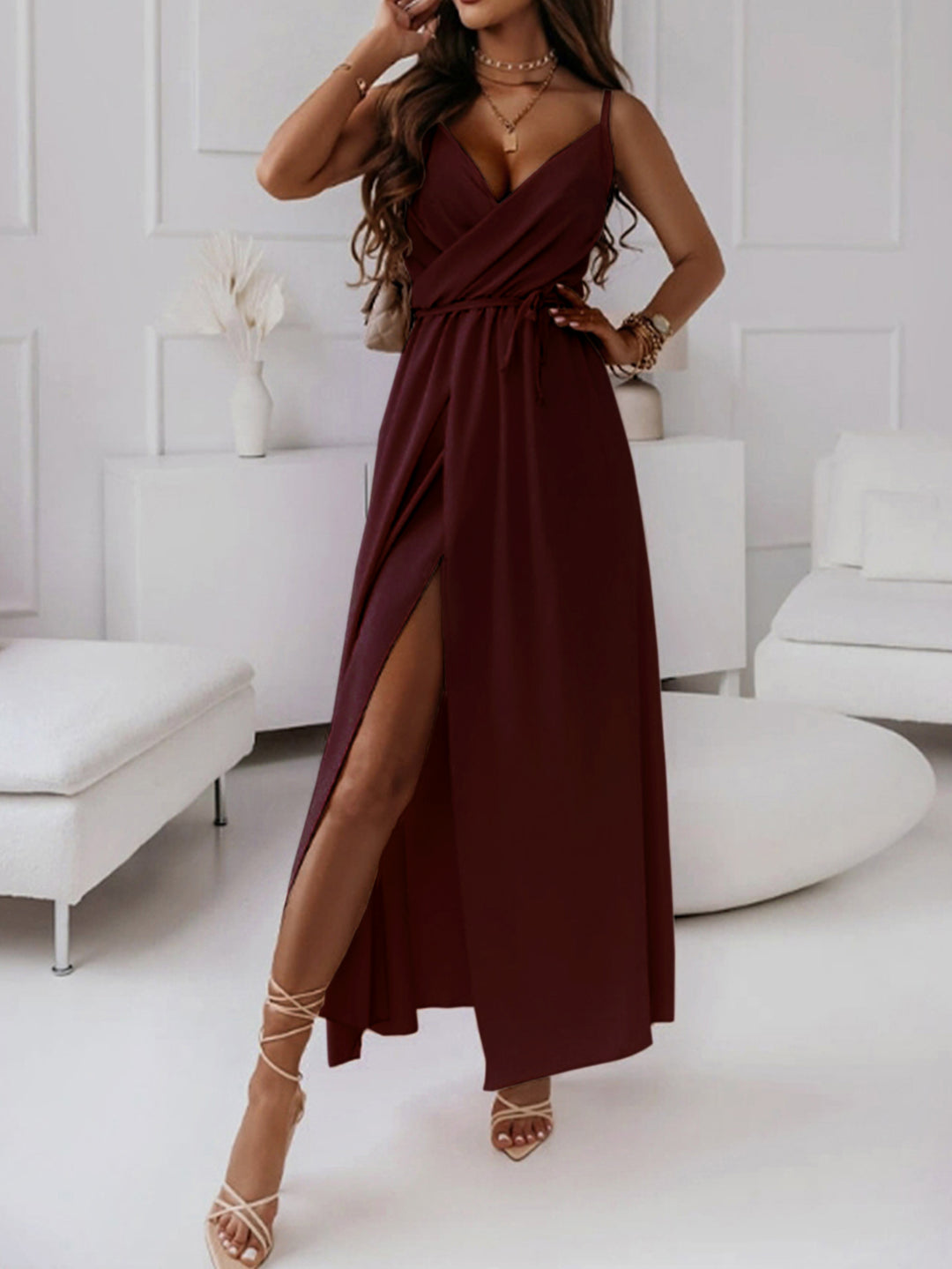 Maroon Spaghetti Strap Wrap Slit Dress