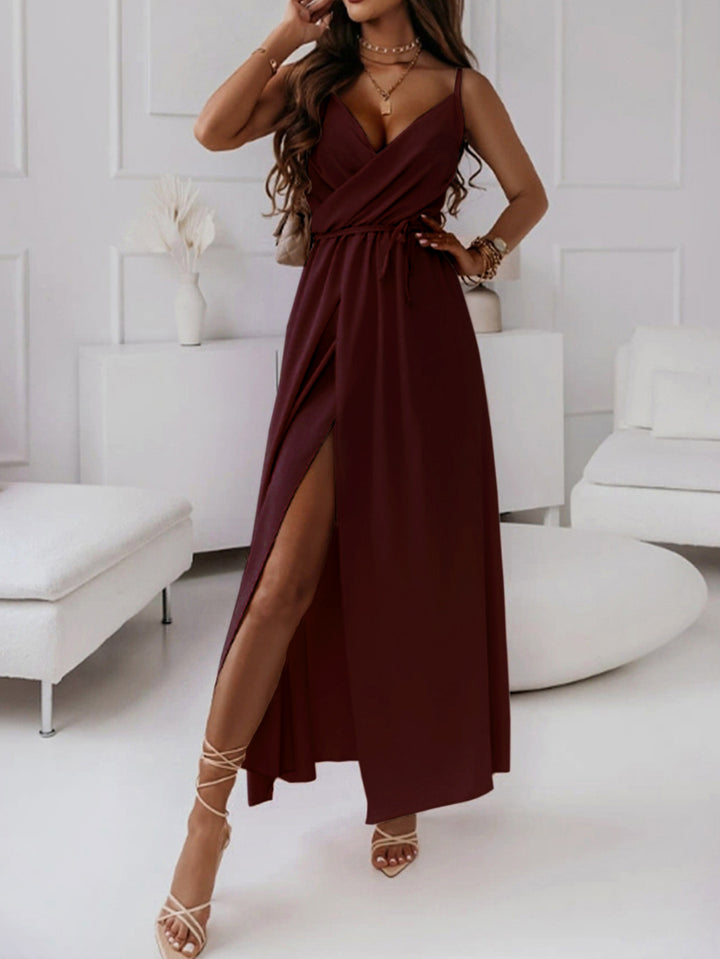 Maroon Spaghetti Strap Wrap Slit Dress