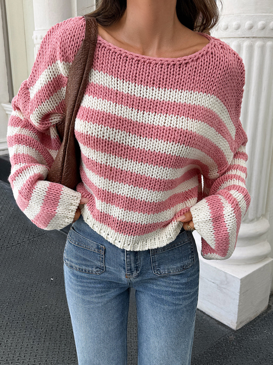 Pink Full Sleeve Striped One Shoulder Sweater