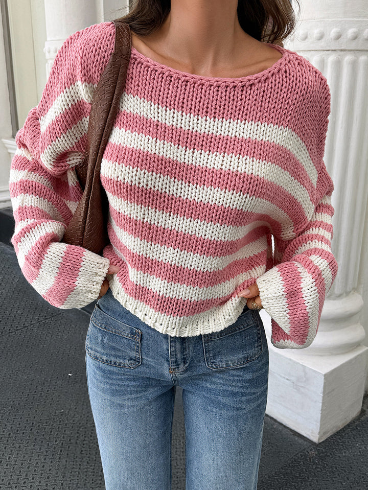 Pink Full Sleeve Striped One Shoulder Sweater
