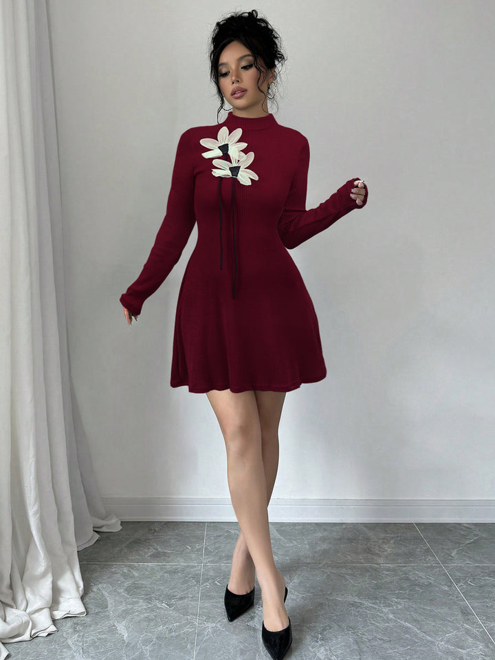 Red Full Sleeve High Neck Floral Applique Detail Dress
