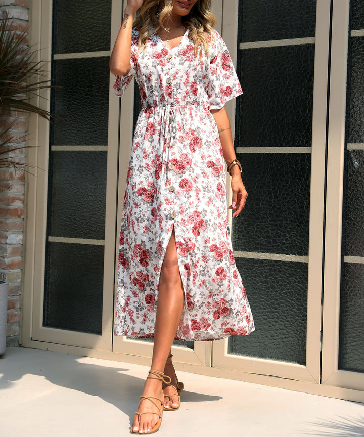 White Short Sleeve Waist Fitted Printed Slit Dress