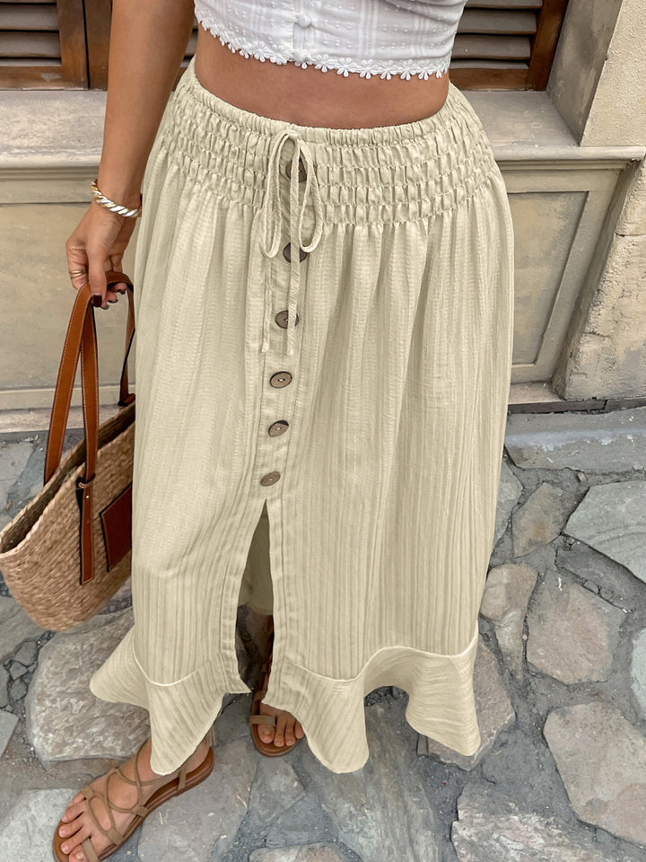 Cream High Waist Ruffle Hem Front Buttoned Skirt