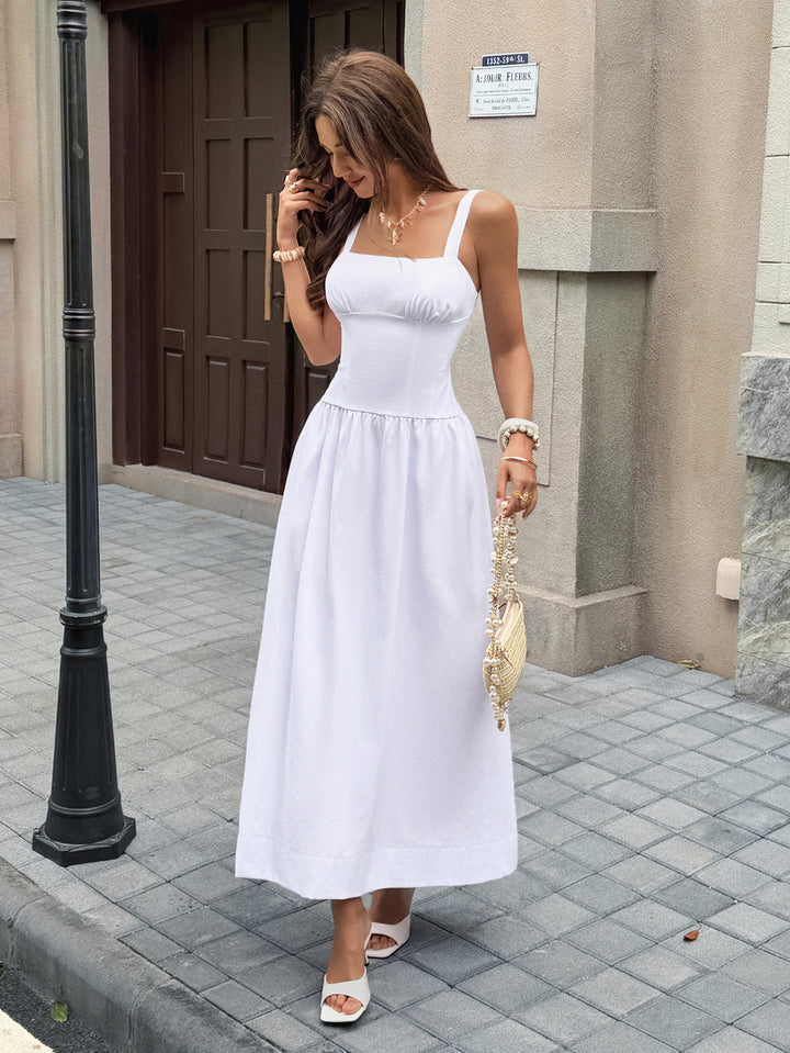 White Square Neck Strappy Cinched Waist Dress