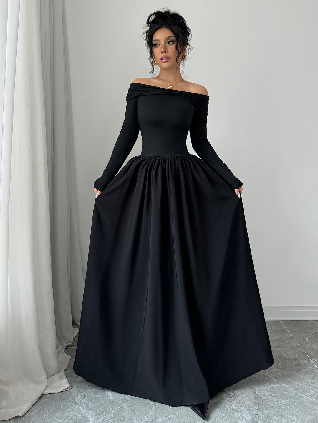 Black Off Shoulder Flared Dress