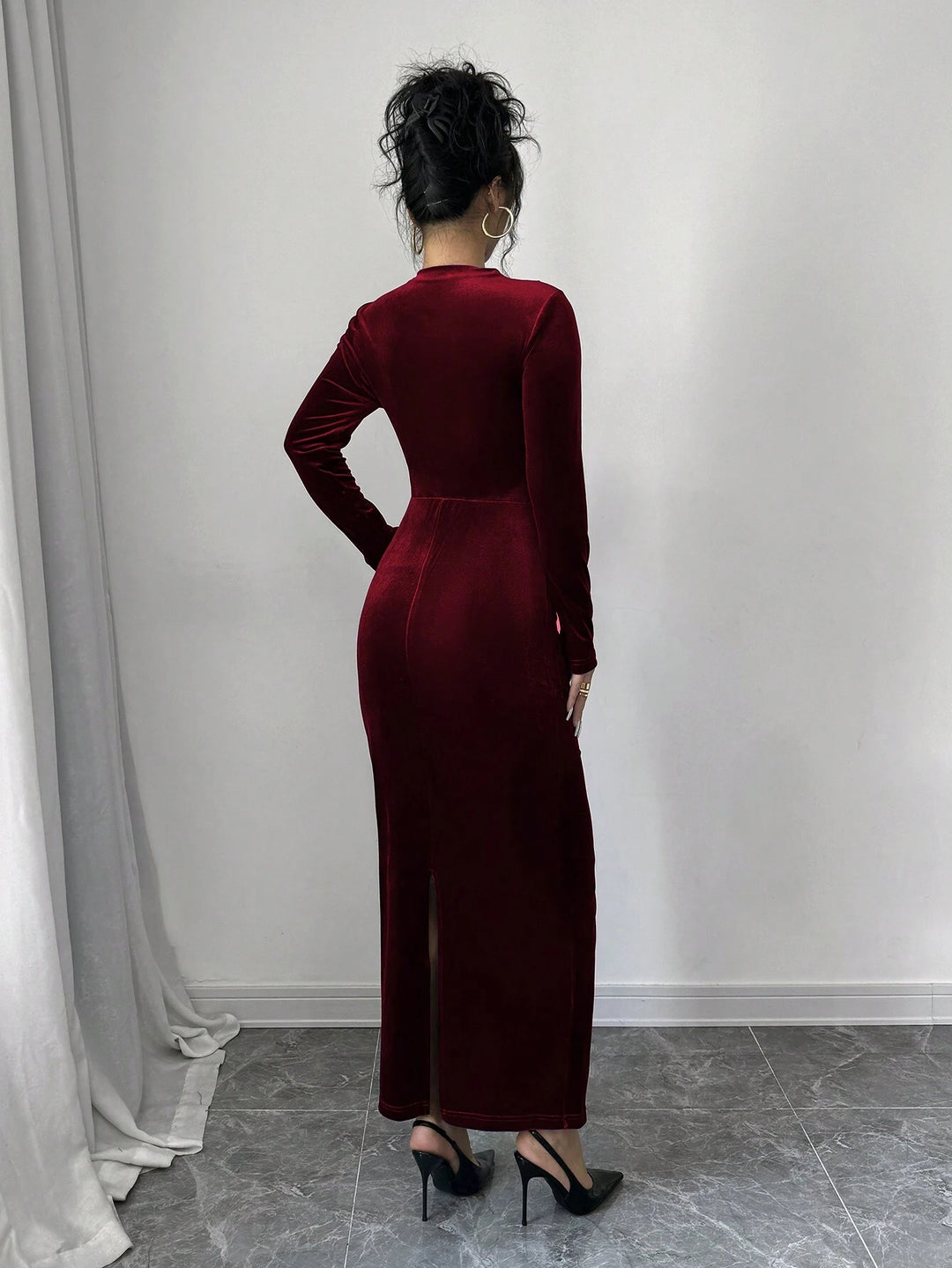 Maroon Full Sleeve Mock Neck Fitted Dress