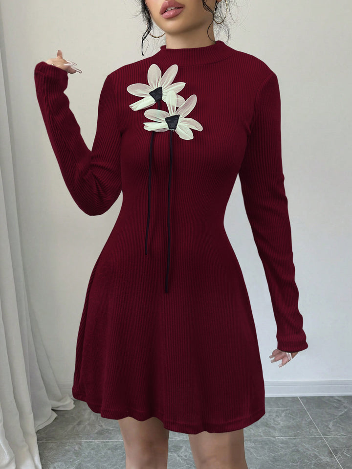 Red Full Sleeve High Neck Floral Applique Detail Dress