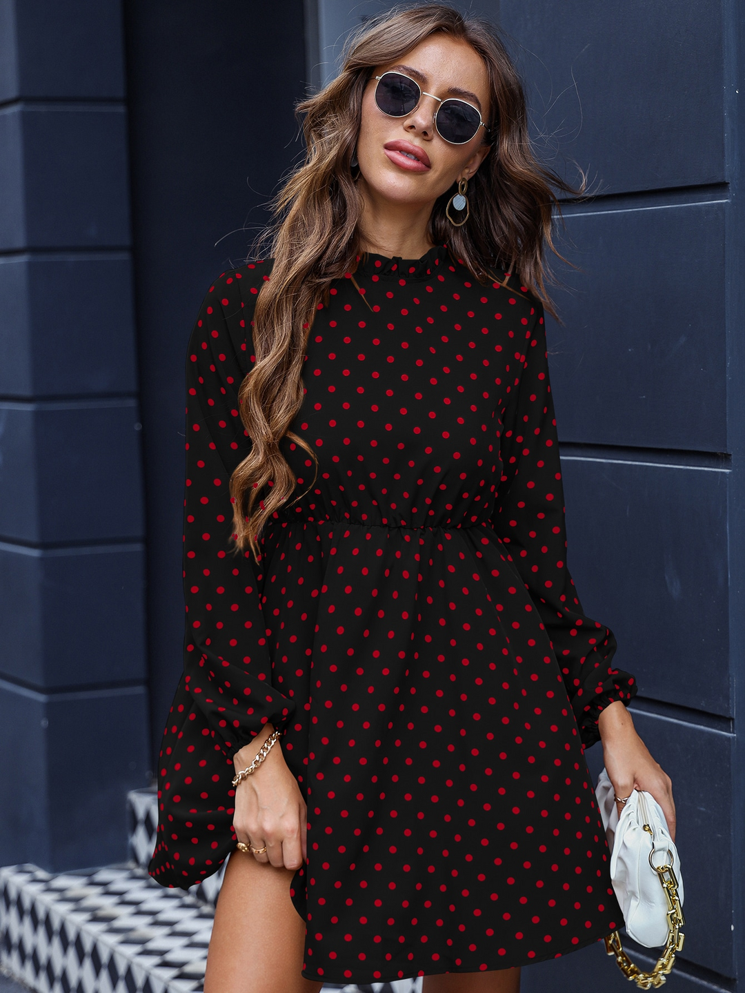 Black Printed Mock Neck Waist Fitted Dress
