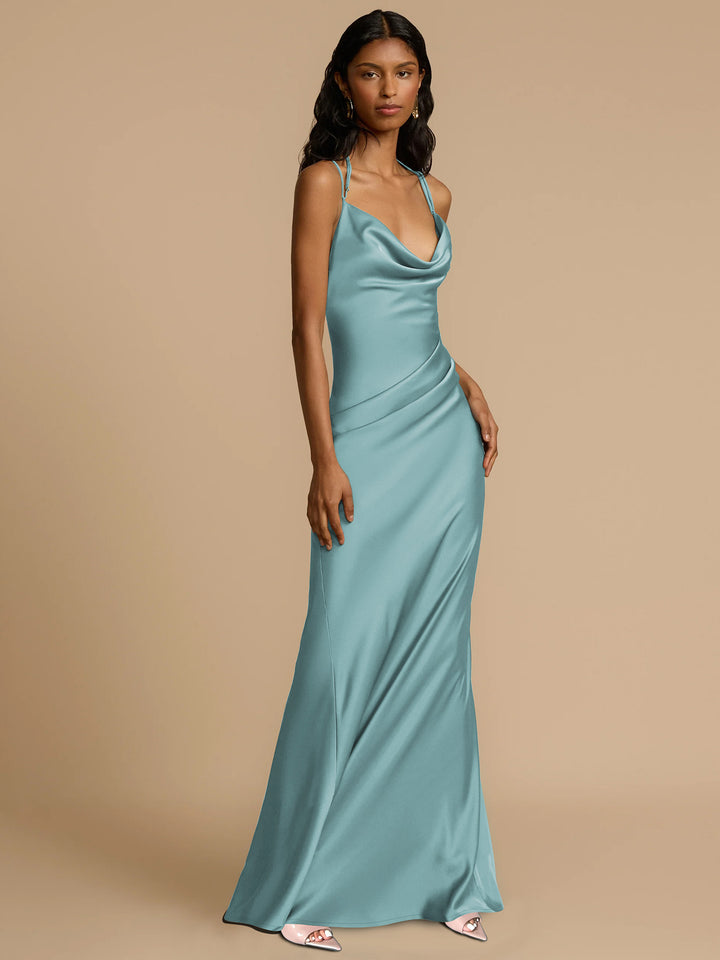 Aqua Backless Cowl Satin Dress