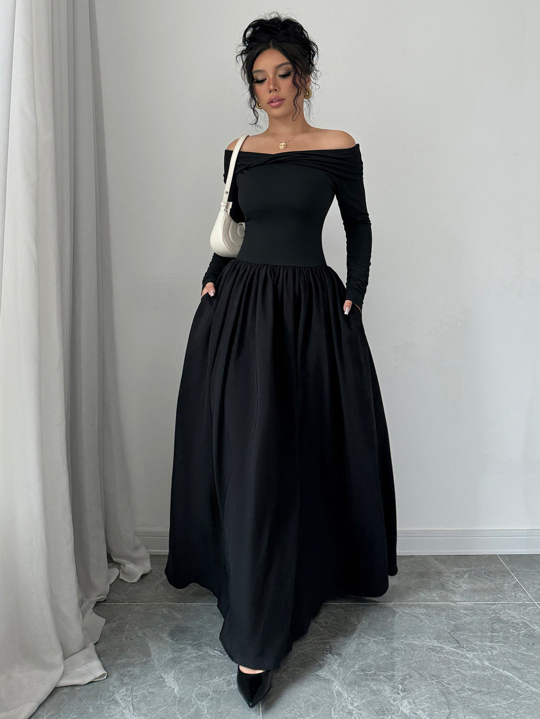Black Off Shoulder Flared Dress
