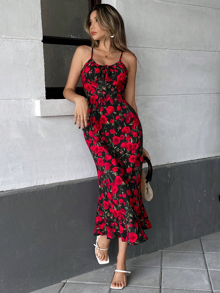 Red Spaghetti Strap Printed Dress