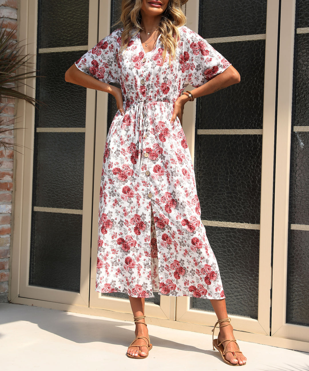 White Short Sleeve Waist Fitted Printed Slit Dress