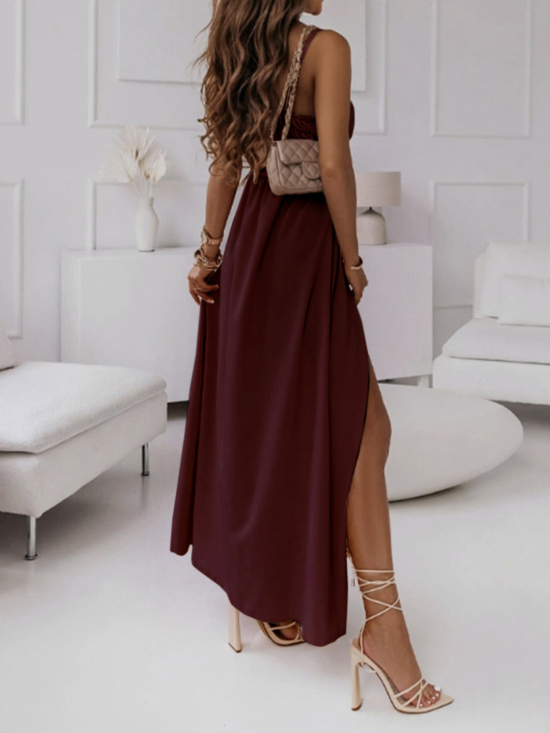 Maroon Spaghetti Strap Wrap Slit Dress