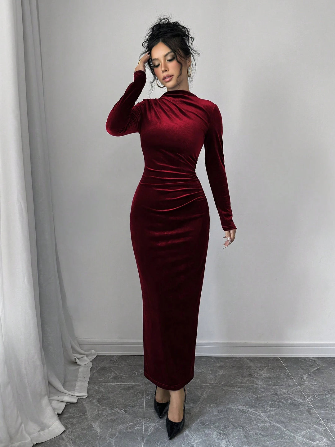 Maroon Full Sleeve Mock Neck Fitted Dress