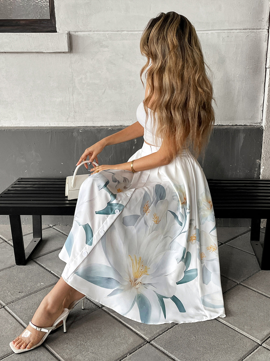 White High Waist Printed Flared Skirt