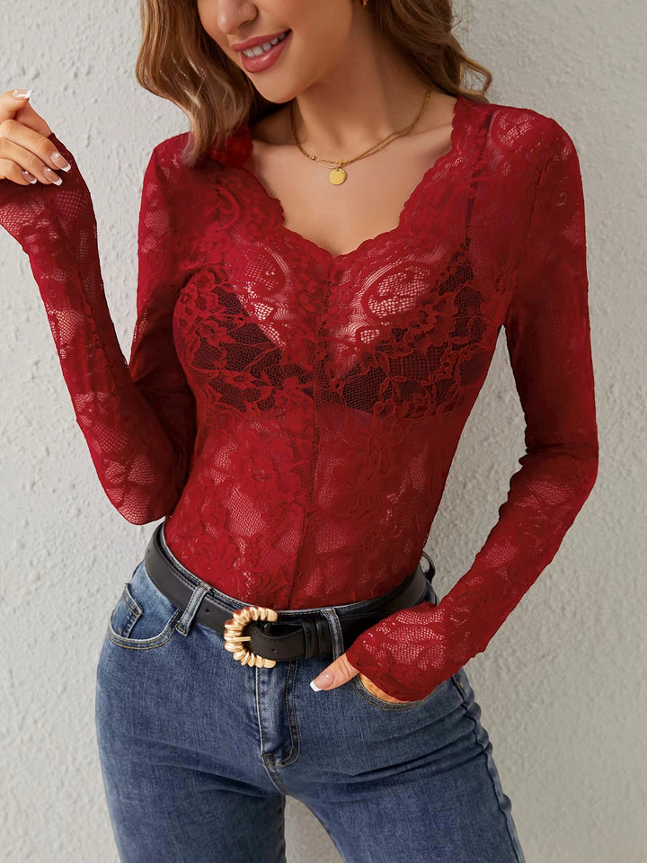Maroon Scallop Neck Lace Detail Top