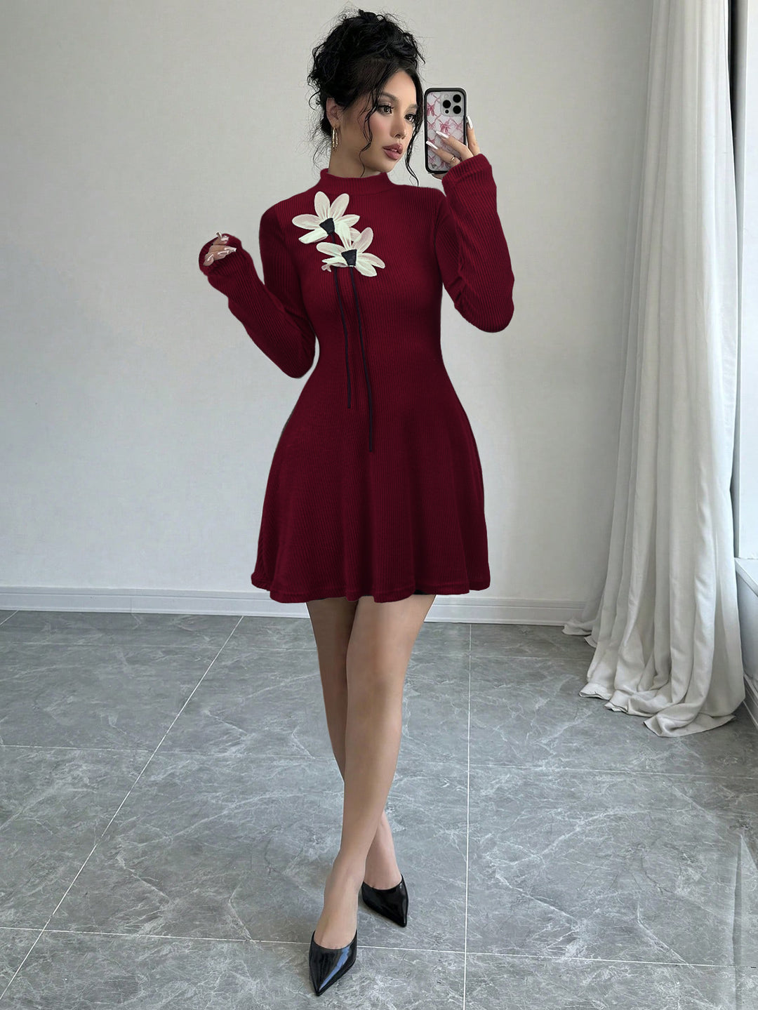Red Full Sleeve High Neck Floral Applique Detail Dress