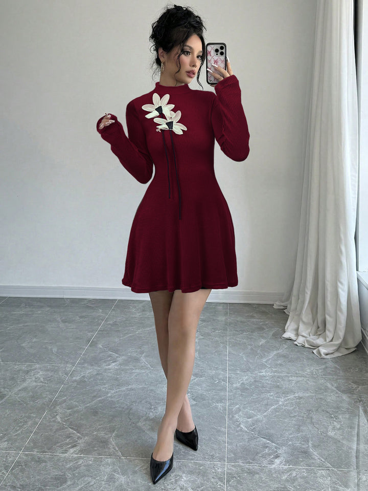 Red Full Sleeve High Neck Floral Applique Detail Dress