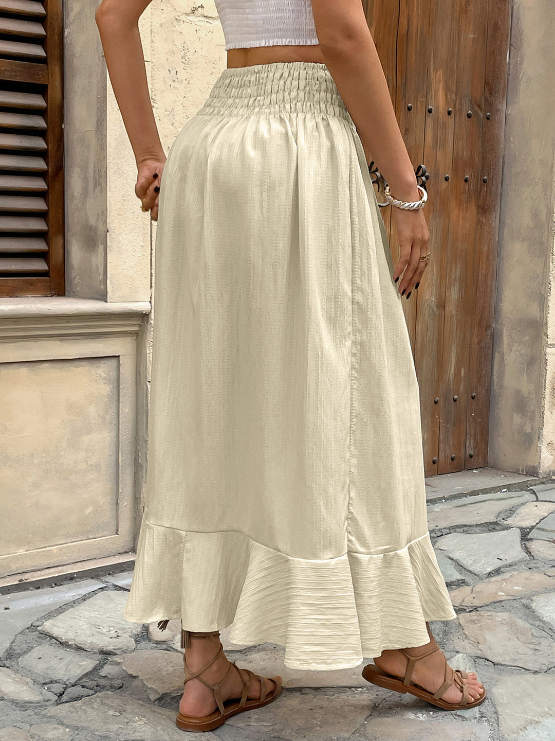 Cream High Waist Ruffle Hem Front Buttoned Skirt