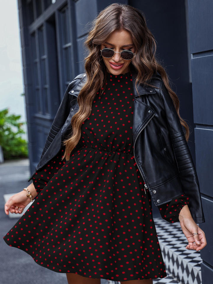Black Printed Mock Neck Waist Fitted Dress