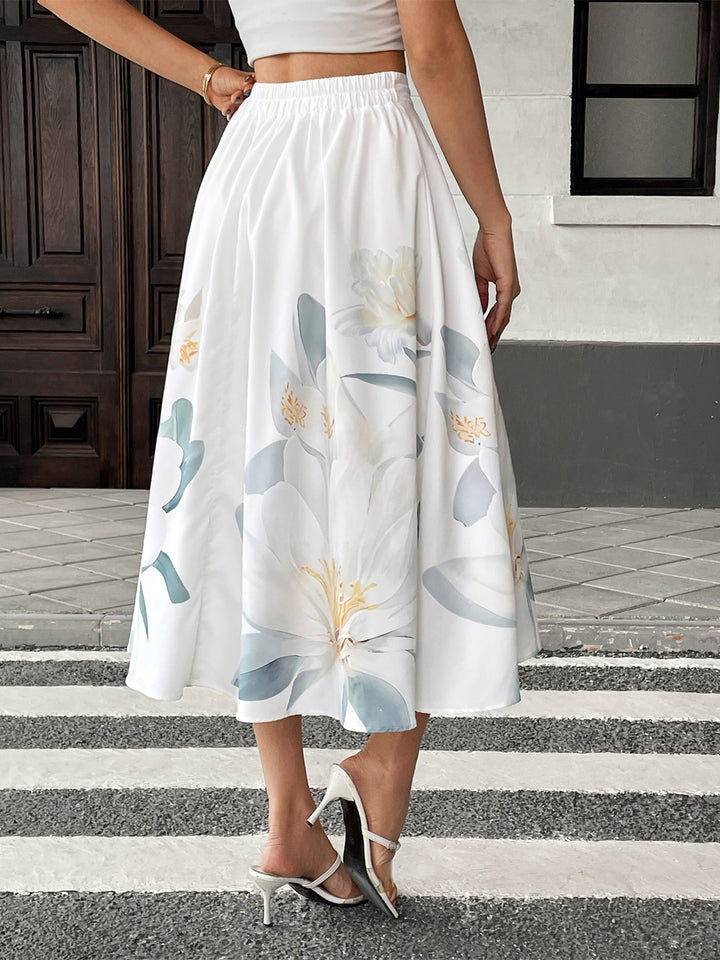 White High Waist Printed Flared Skirt