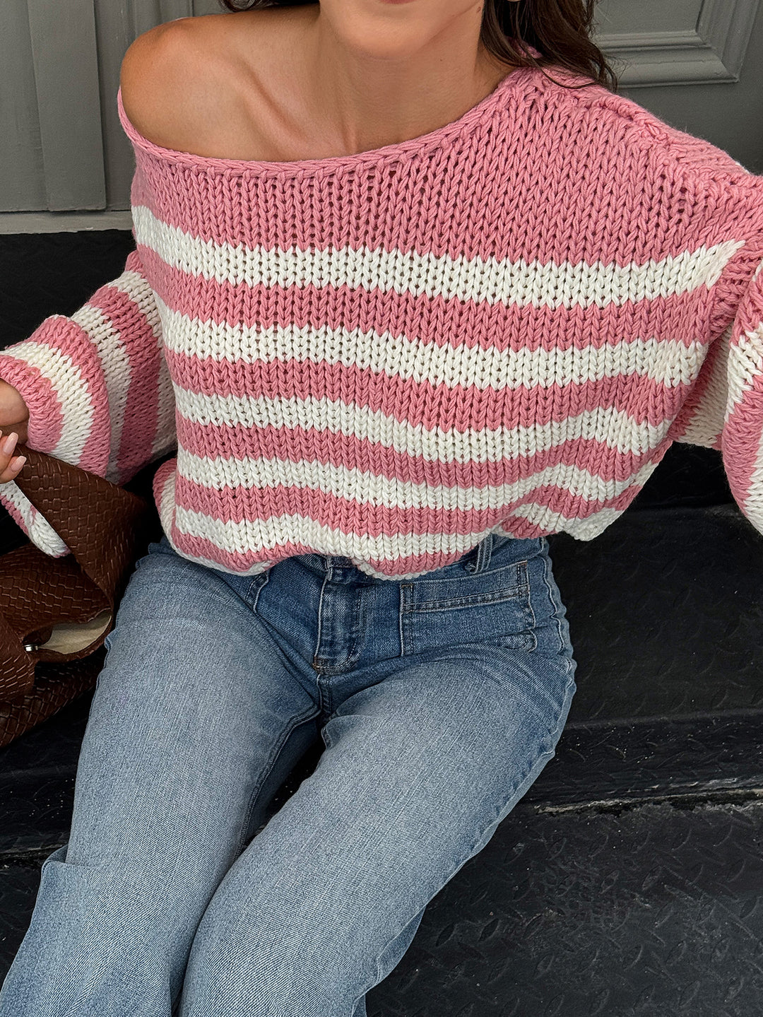 Pink Full Sleeve Striped One Shoulder Sweater
