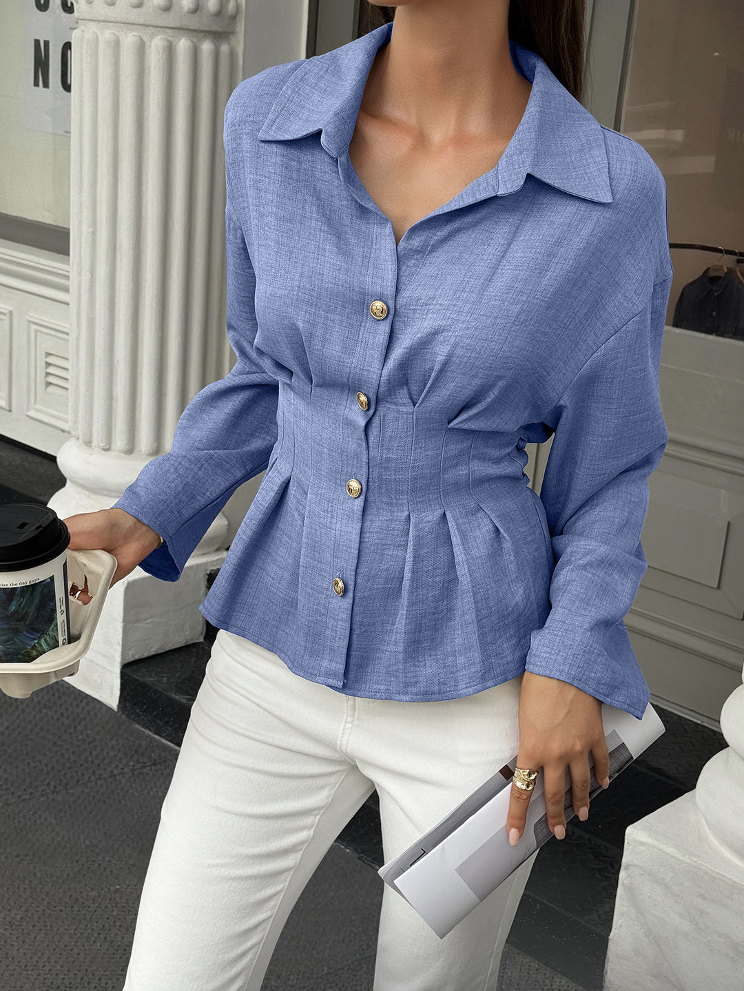 Blue Full Sleeves Front Pleated Shirt