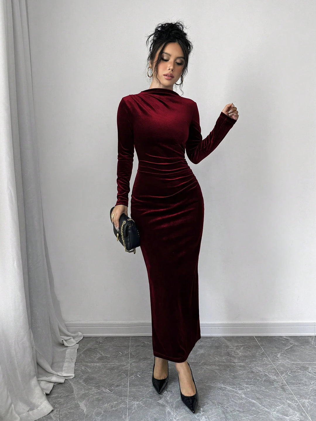 Maroon Full Sleeve Mock Neck Fitted Dress