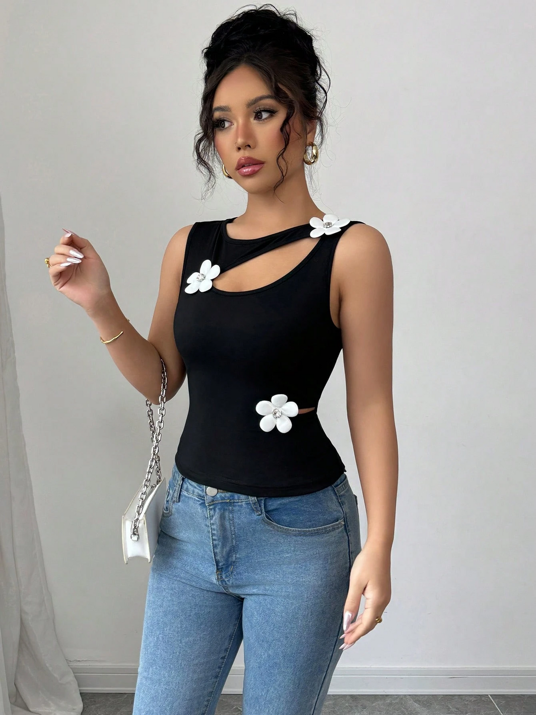 Black Neck Cut-Out Floral Embellished Top
