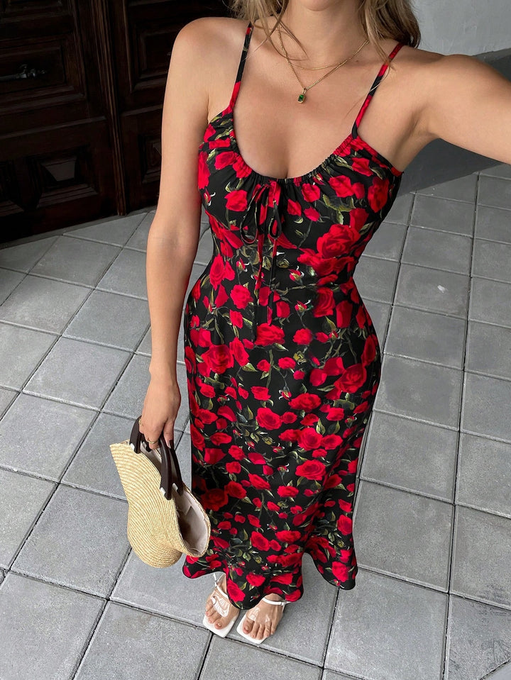 Red Spaghetti Strap Printed Dress