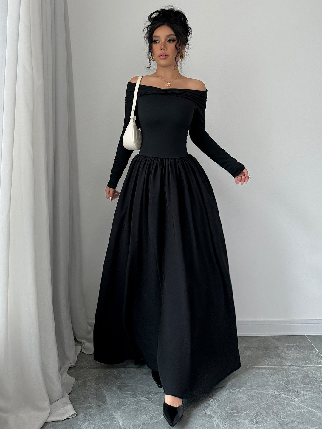 Black Off Shoulder Flared Dress
