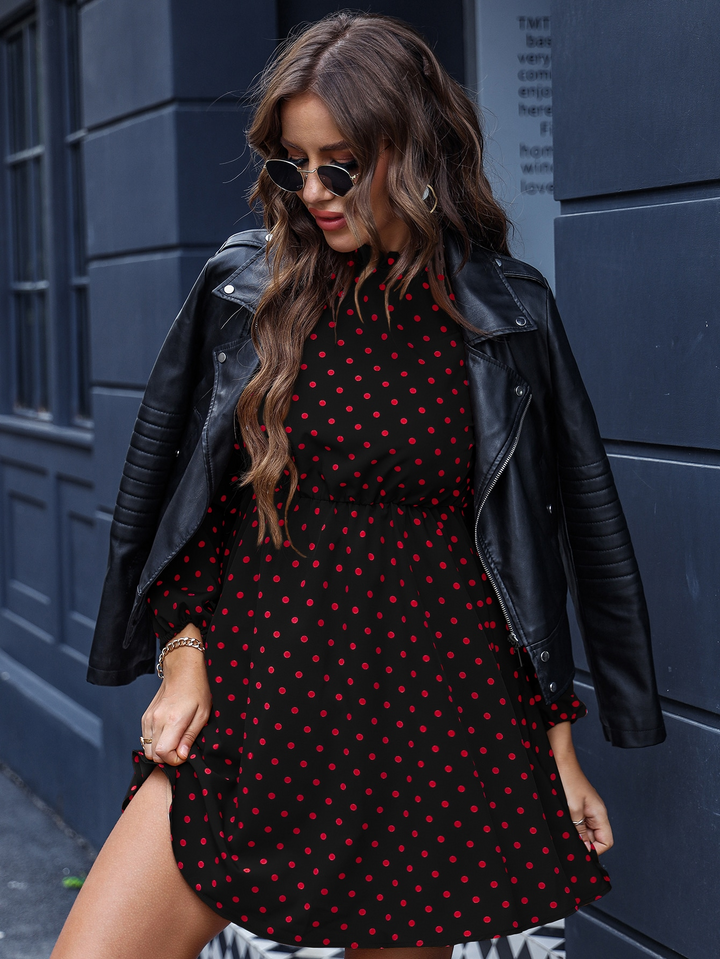 Black Printed Mock Neck Waist Fitted Dress