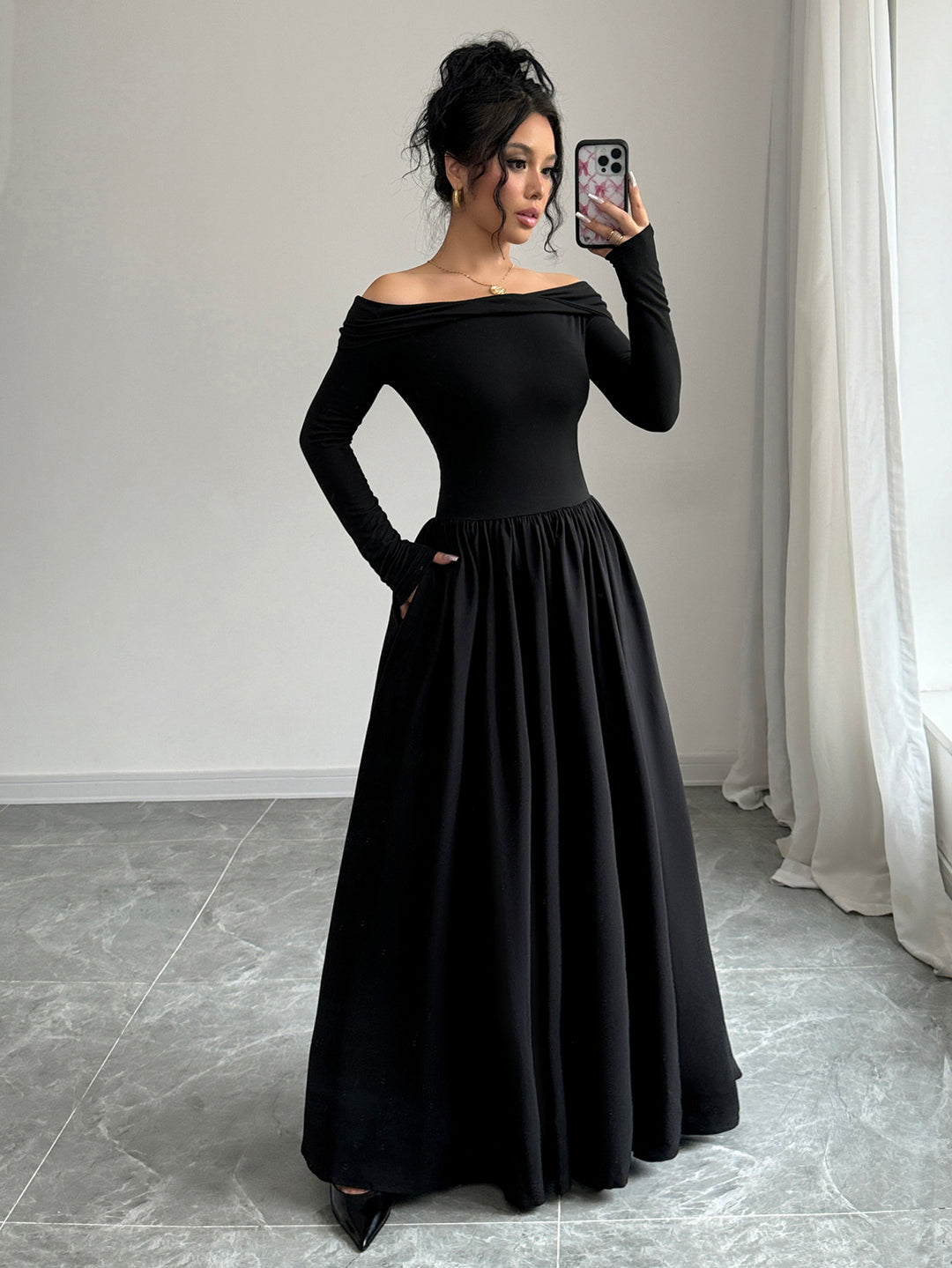 Black Off Shoulder Flared Dress