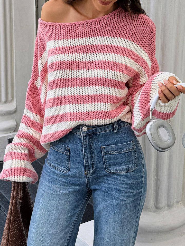 Pink Full Sleeve Striped One Shoulder Sweater