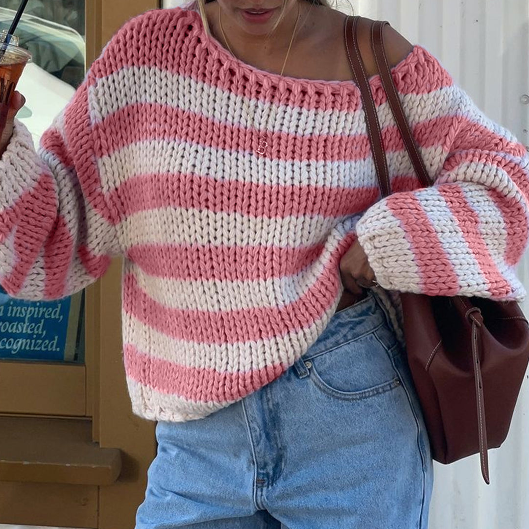 Pink Full Sleeve Striped One Shoulder Sweater