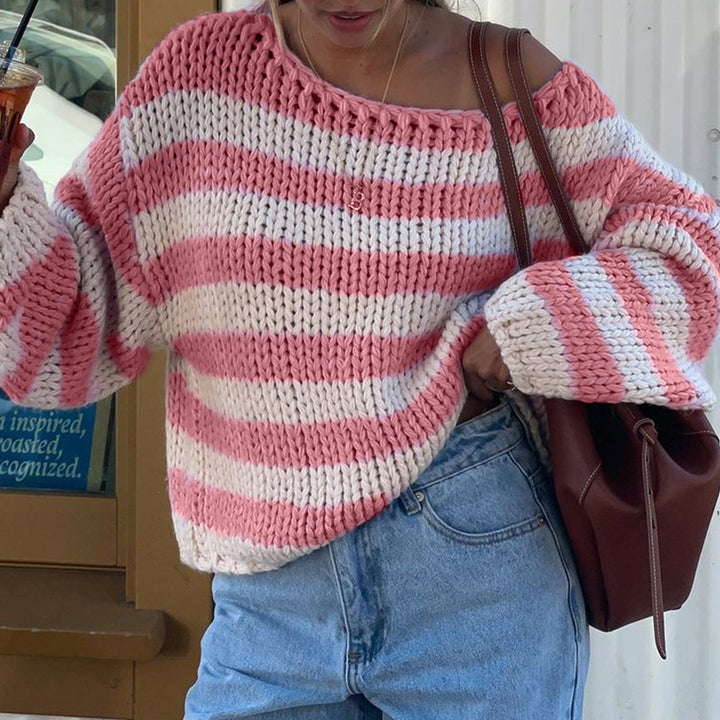 Pink Full Sleeve Striped One Shoulder Sweater