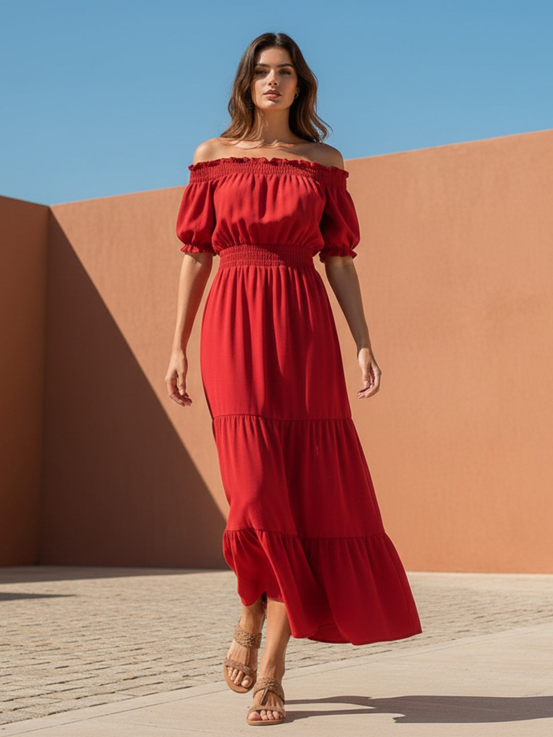 Red Short Sleeve Off Shoulder Dress
