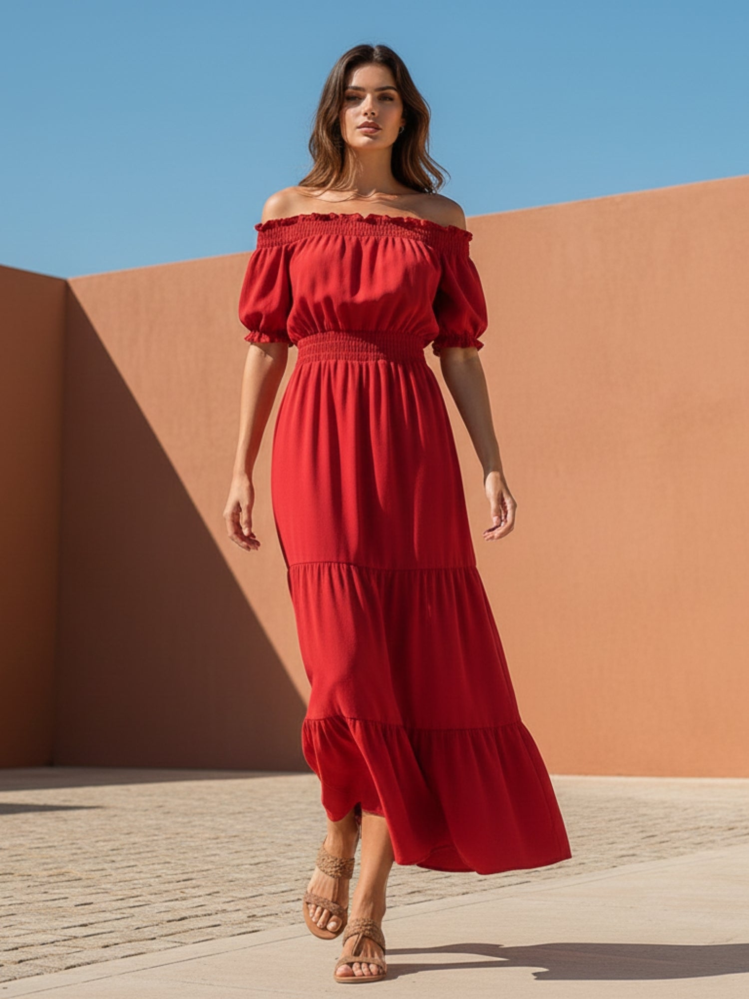 Red Short Sleeve Off Shoulder Dress
